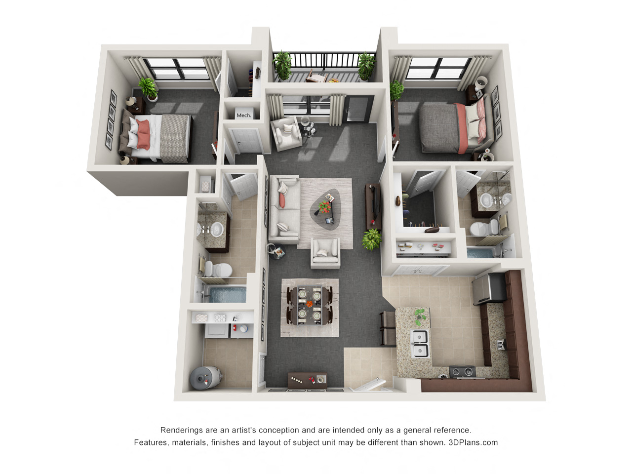 Floor plan for 2 beds, 2 baths, 1017 sqft